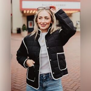 Katydid Black Quilted Puffer Jacket with White Trim